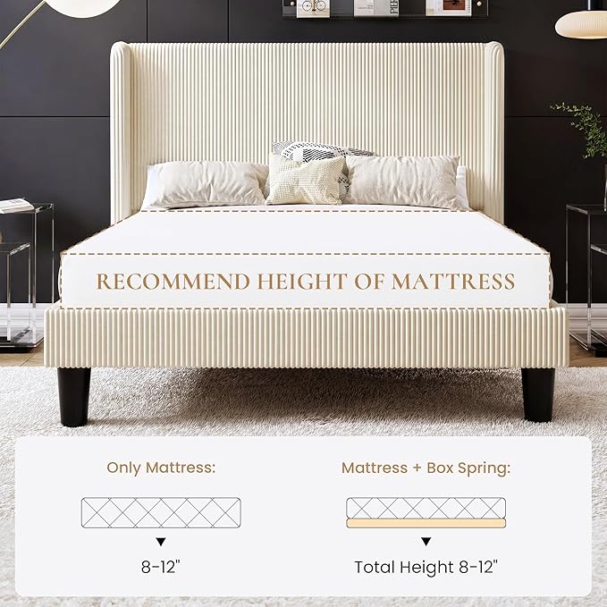 SHA CERLIN Queen Size Corduroy Upholstered Platform Bed Frame with Vertical Channel Tufted Wingback Headboard, 8" Under-Bed Storage, Wooden Slats and Metal Frame Support, Easy Assembly, Cream