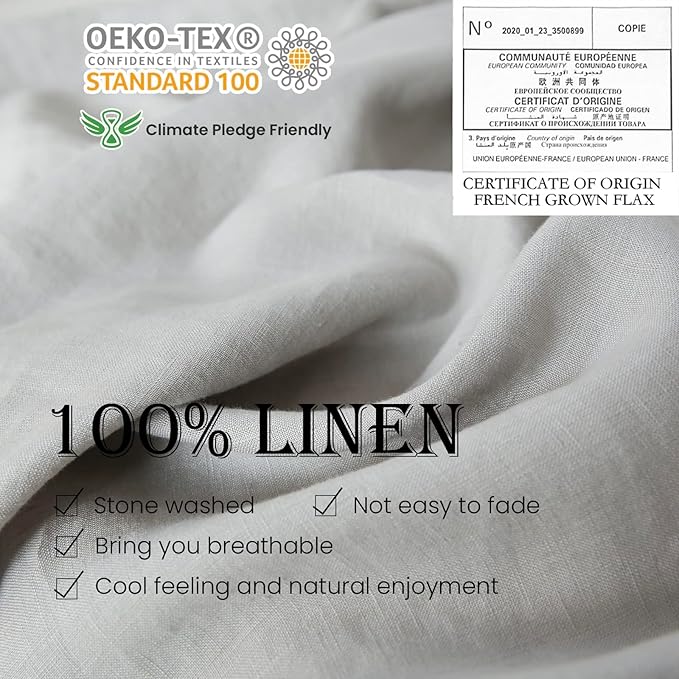 Simple&Opulence 100% Linen Duvet Cover Set with Embroidery Border Washed - 3 Pieces (1 Duvet Cover with 2 Pillow Shams) with Button Closure Soft Breathable Farmhouse - Light Grey, Full Size
