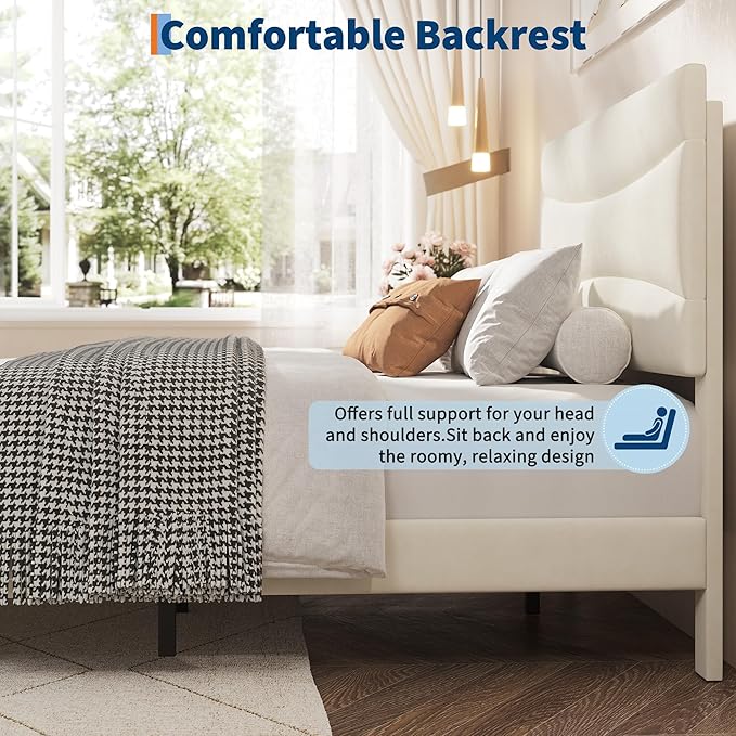 IDEALHOUSE Full Size Upholstered Platform Bed Frame with Ergonomic Headboard, Beige Soft Fabric, Heavy Duty Wooden Slats, Noise-Free, 6.3" Underbed Storage, No Box Spring Needed, Easy Assembly