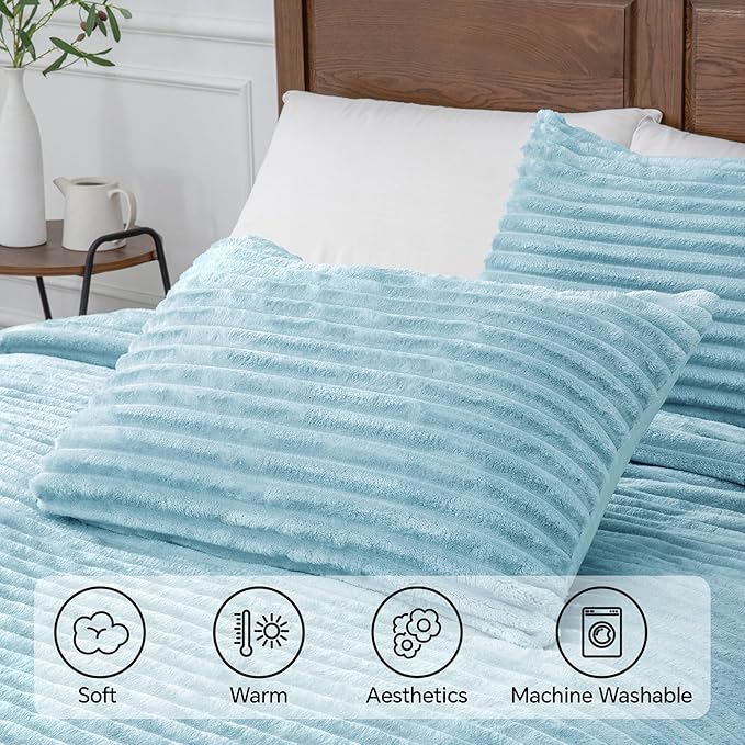 BEDELITE Fleece King Comforter Set -Super Soft & Warm Fluffy Light Blue Bedding, Luxury Fuzzy Heavy Bed Set for Winter with 2 Pillow Cases