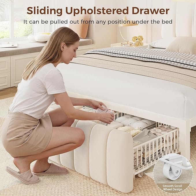 Jocoevol Queen Bed Frame with Storage Headboard,Upholstered White Bed Frame Queen Size with Storage Drawers and Charging Station,Velvet Platform Metal Bed, Noise-Free, No Box Spring Needed