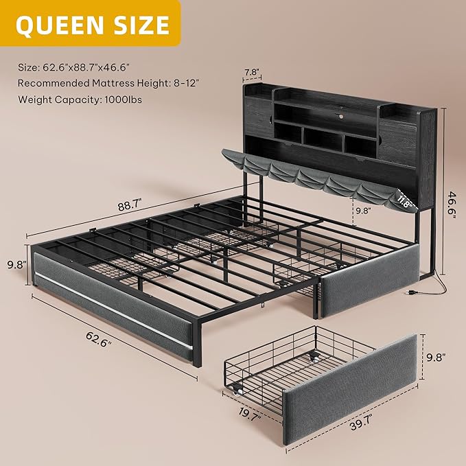 DWVO Queen Size Bed Frame with RGB LED Lights & Storage Bookcase Headboard, Upholstered Bed with Charging Station and 4 Drawers, No Box Spring Needed, Easy Assembly, Noise-Free, Velvet Grey