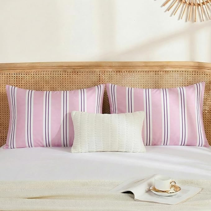 Merryword Queen Size Pillowcases, 100% Cotton Pillow Cases, Purple Striped Pillowcases, Soft Breathable Ribbon Stripe Pillow Covers, Set of 2