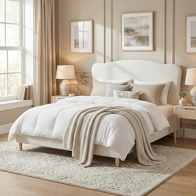 GarveeHome Queen Size Bed Frame with Upholstered Headboard, Soft Low Profile Sturdy Platform Bed with Rounded Corners Design, Heavy Duty, Wooden Slats, Noise Free, No Box Spring Needed, White