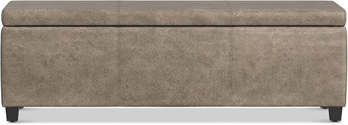 SIMPLIHOME Avalon Storage Ottoman Bench - 48" Wide x 16" High Upholstered Vegan Leather Rectangular Lift-Top Ottoman in Distressed Smoky Grey Brown, Transitional Storage Bench with High-Density Foam