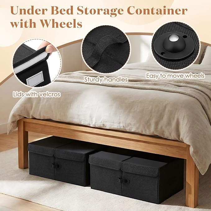 Geelin 4 Pcs Under Bed Storage with Wheels 10" High Underbed Containers with Lids Large Rolling Under Bed Organizer with Handles Underbed Clothes Storage Bins for Clothes Blankets Shoes (Black,24'' L)