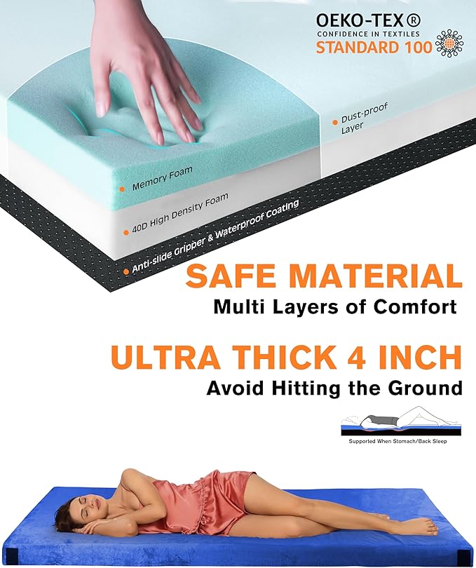Extra Thick GAIALOOP 4 INCH Memory Foam Camping Mattress, Roll Up Floor Sleeping Mat Camp Cot Mattress Pad Travel Camping Couch Bed for Guest Adults Side Sleepers