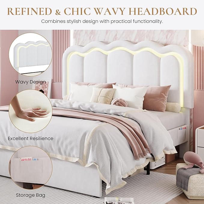 SHA CERLIN Upholstered Queen Size Bed Frame with LED Lights and Large Storage Drawer, Velvet Platform Bed with Adjustable Wavy Headboard, Noise Free, Easy Assembly, No Box Spring Needed, Soft White