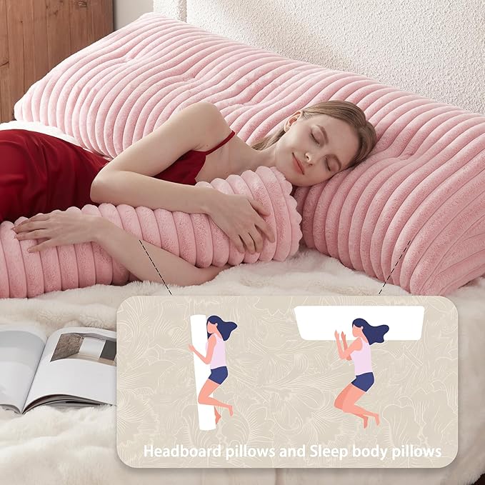 Headboard Pillow + A Long Neck Roll Pillow Body Pillow，Faux Fur Headboard Wedge Pillow with Removable Cover (Pink, Twin：39x8x20 inches)