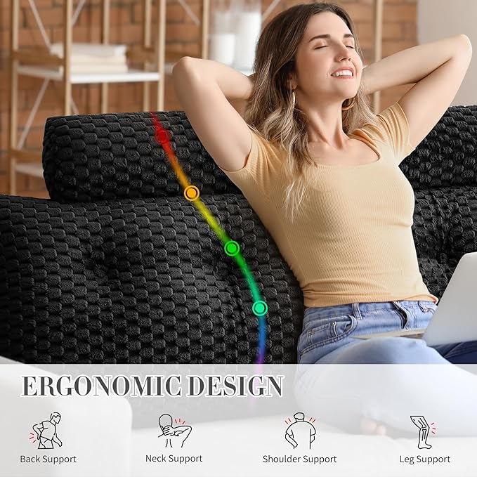 Wedge Headboard Pillow - Bed Wedge Pillow for Headboard Triangular Headboard Pillows with Neck Roll Pillow-Large Bolster Pillows for Sitting in Bed Backrest Positioning Support (Black,39x8x20 Inches)