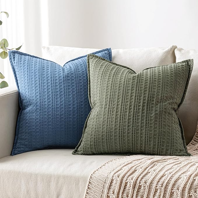 Set of 2 Decorative 100% Cotton Waffle Throw Pillow Covers 20x20, Neutral Euro Shams Weave European Cushion Cases for Couch Sofa Bed Modern Farmhouse Home Decor, Olive Green