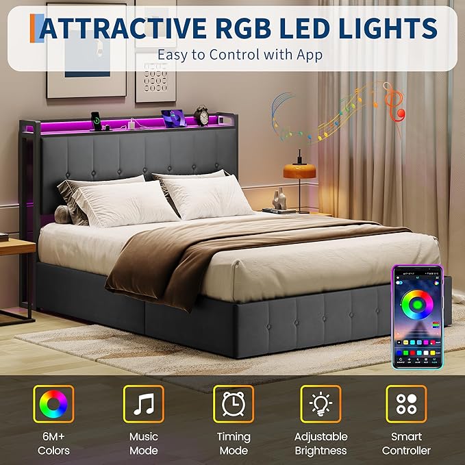 Garvee Full Size Lift Up Storage Bed with LED Lights, Upholstered Velvet Bed Frame with Storage Headboard & Charging Station, Metal Platform Bed, No Box Spring Needed, Solid Wooden Slats, Grey