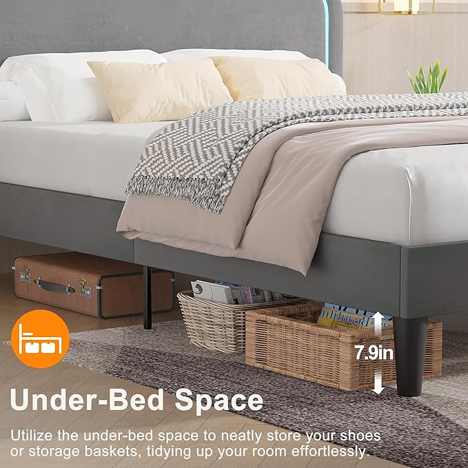 VECELO Upholstered Queen Size Bed Frame with Headboard Adjustable, LED Lights, USB-A & Type-C, Velvet Platform Bed Noise Free, Mattress Foundation with Wooden Slats, No Box Spring Needed, Grey