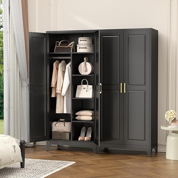 Polup Metal Armoire Wardrobe Closet, 71" Tall Wardrobe Cabinet with 2 Doors, Hanging Rod and Adjustable Shelves, Steel Clothing Storage Cabinet for Bedroom, Home, Gym, Office, Employee, Black