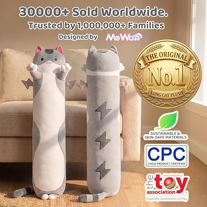 Mewaii 20” Long Cat Plush 5 Sizes, 120% Extra Filling Giant Plushness Kids Body Pillow, Kawaii Cute Grey Cat Stuffed Animals Plushies, Big Long Body Pillow Cat Plush Gift for Girls 20”