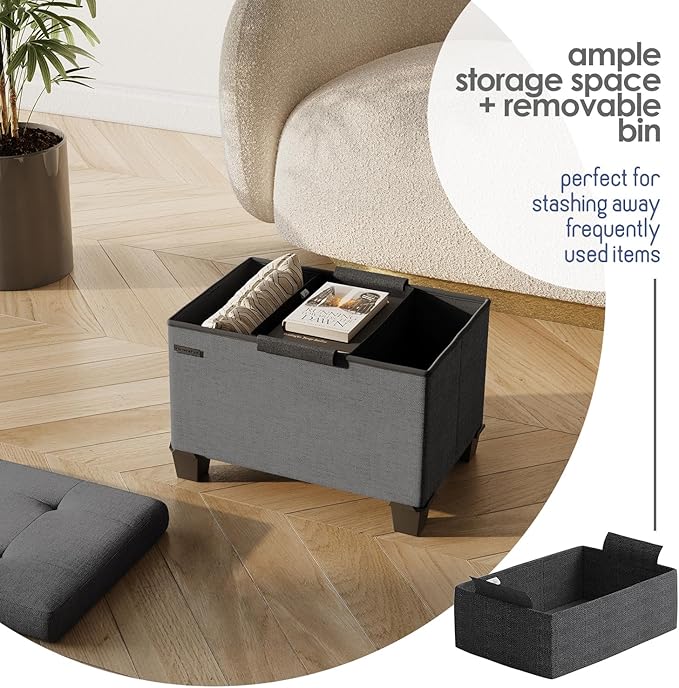 Storage Ottoman Cube with Small Bin, 16-in Square Ottoman with Storage for Living Room and Bedroom, Small Ottomans Foot Rest, Fabric Foot Stools Ottomans Max 330lbs, Grey