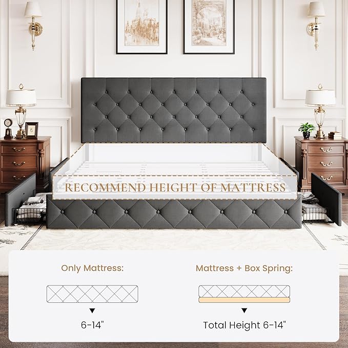 SHA CERLIN Upholstered King Size Platform Bed Frame with 4 Storage Drawers, Adjustable Headboard with Diamond Stitched Button Tufted Design, Wooden Slat Support, No Box Spring Needed, Dark Grey