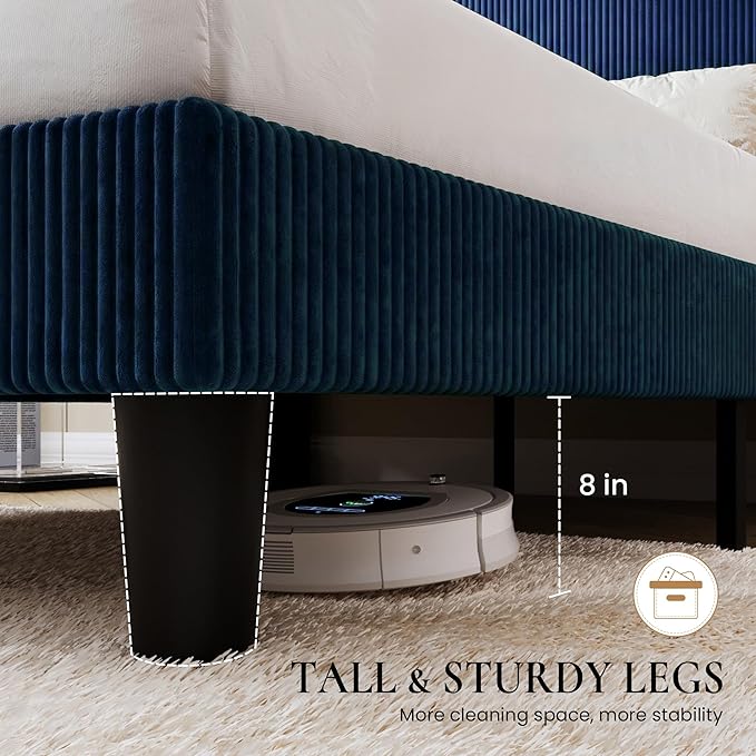 SHA CERLIN Full Size Corduroy Upholstered Platform Bed Frame with Vertical Channel Tufted Wingback Headboard, 8" Under Bed Storage, Wooden Slats & Metal Frame Support, Easy Assembly, Dark Blue