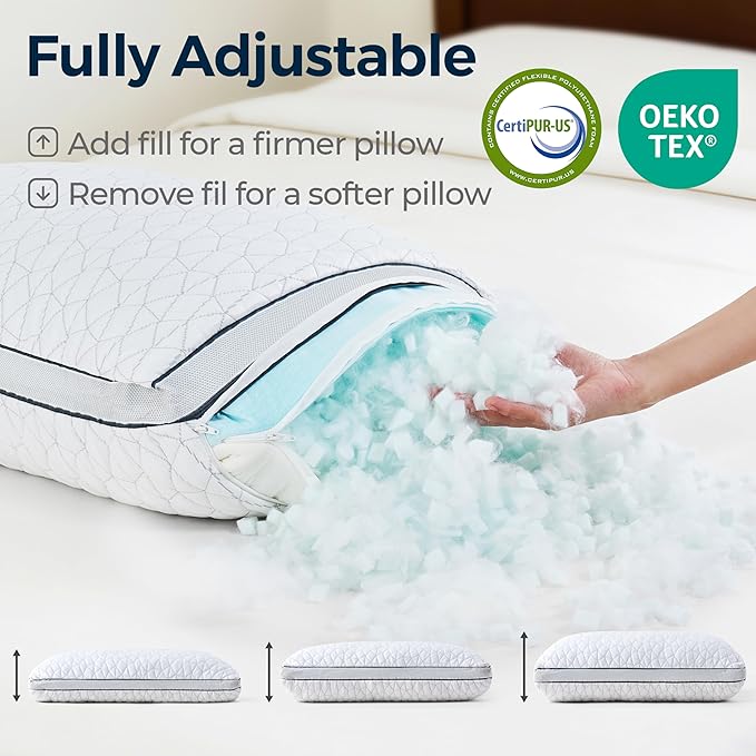 Rainmr Shredded Memory Foam Cooling Pillow for Sleeping, 20" x 36" King Size Pillow with Dual-Side Pillowcase - Cool & Bamboo-Derived Rayon Sides, Supportive Firm Bed Pillow (King)