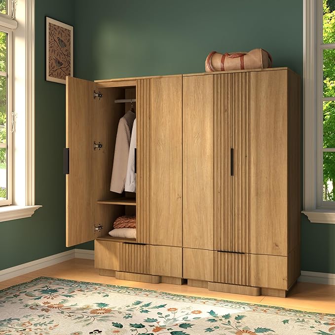 Yechen 67" Fluted Armoire Wardrobe Closet with Doors and Drawer, Wooden Wardrobe Closet Cabinet with Adjustable Shelve, Modern Small Armoires Storage Clothes, Coats for Bedroom, Natural