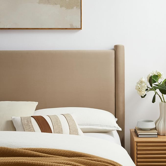 Modway Rael Full Upholstered Headboard with Pillars in Taupe – Velvet Headboard – Stain-Resistant Performance Velvet Headboard for Full Size Beds