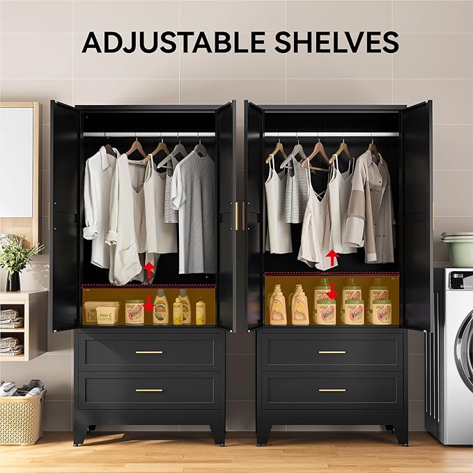 COFaR Black Metal Wardrobe Closet with 2 Drawers, 71" Steel Armoire Cabinet with Hanging Rod & Adjustable Shelf, Modern Freestanding Closet Organizer with Doors