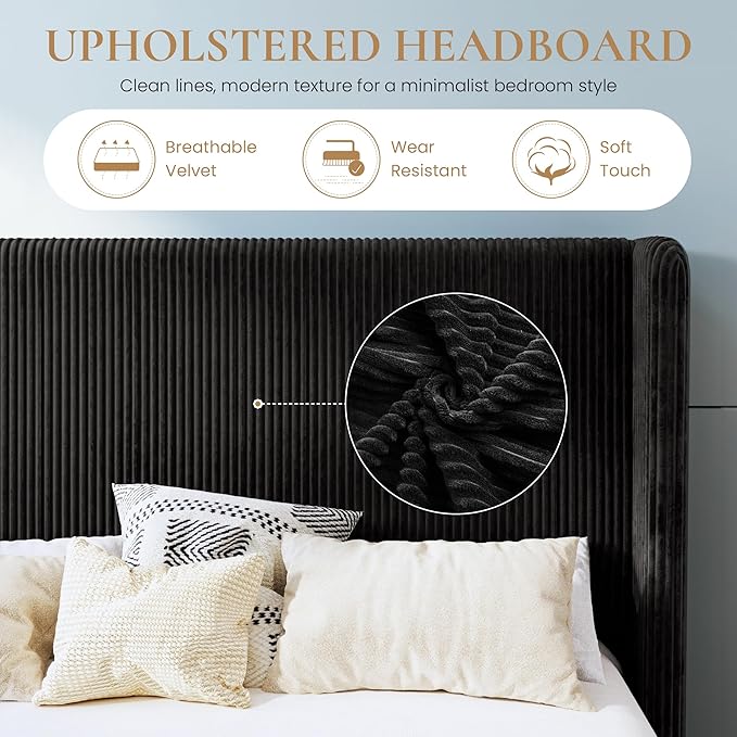 SHA CERLIN Full Size Corduroy Upholstered Platform Bed Frame with Vertical Channel Tufted Wingback Headboard, 8" Under Bed Storage, Wooden Slats & Metal Frame Support, Easy Assembly, Black