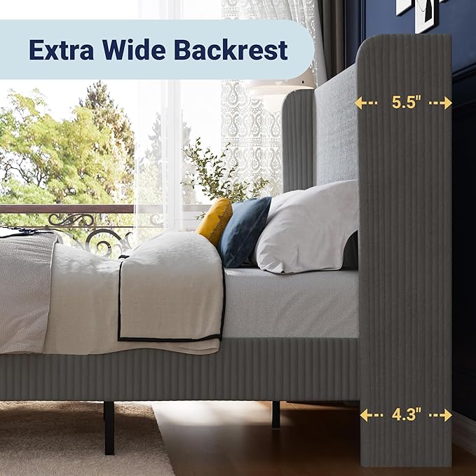 Allewie Full Size Bed Frame with Upholstered Wingback Headboard, Vertical Channel Tufted Corduroy Velvet Platform Bed, Strong Wooden Slats Support, No Box Spring Needed, Easy Assembly, Light Grey