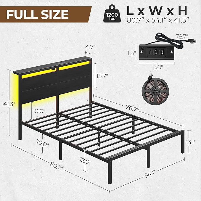 Rolanstar Full Size Bed Frame with Charging Station, LED Full Bed Frame with Wood Storage Headboard, Platform Bed with Metal Slats & Under Bed Storage, No Box Spring Needed, Noise Free, Black Oak