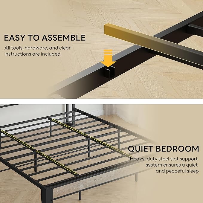 LIKIMIO King Size Bed Frames, Bouclé Storage Headboard with Charging Station, Solid and Stable, Noise Free, No Box Spring Needed, Easy Assembly