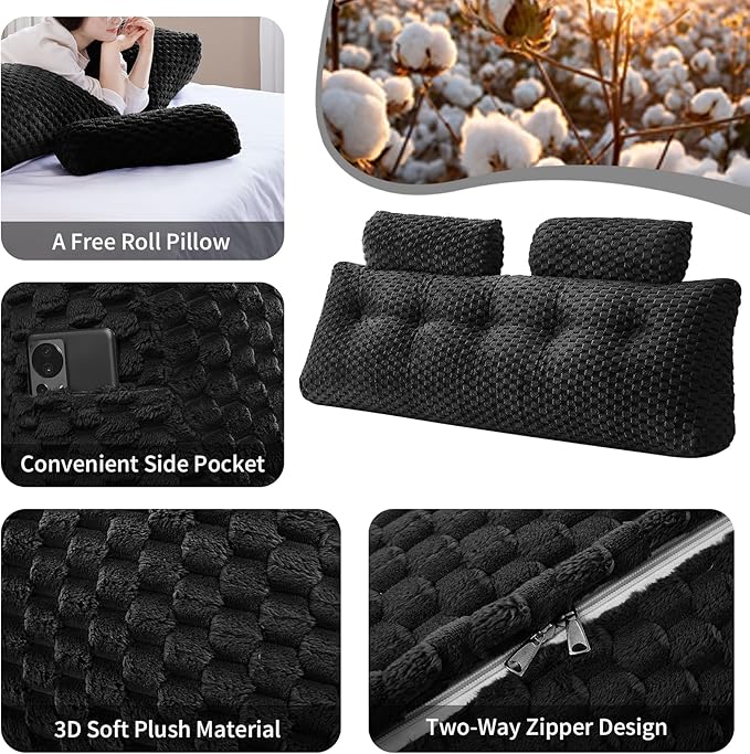Wedge Headboard Pillow - Bed Wedge Pillow for Headboard Triangular Headboard Pillow with Neck Roll Pillow-Large Bolster Pillow for Sitting in Bed Backrest Positioning Support (Black,76x8x20 Inches)