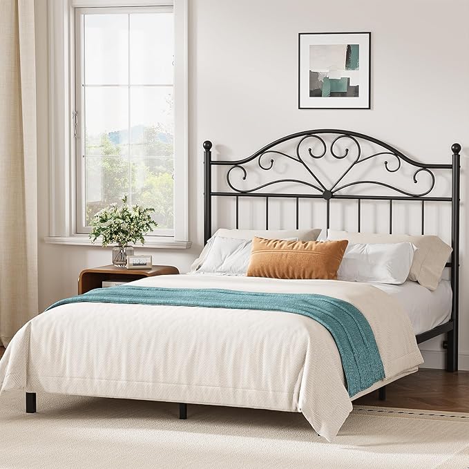 Merronix Vintage Headboard for Queen Size Bed Frame, Metal Headboard Only Queen Size Freestanding Headboard with Universal Adapters, Height Adjustable, Easy Assembly, Black