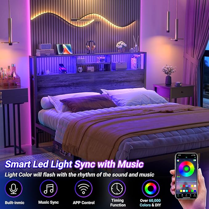 Aheaplus Headboard for Queen Size Bed with Storage, Headboards with Outlets, USB Ports and LED Light, Queen Size Head Board Only, Height Adjustable, Reversible, Sturdy and Stable Headboard, Black Oak