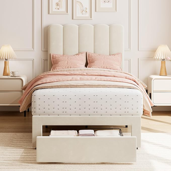 GarveeHome Twin Bed Frame with Under-Bed Drawer, Upholstered Platform Bed with Wave Headboard for Kids/Girls, Wooden Slats Support, No Box Spring Needed, Velvet White
