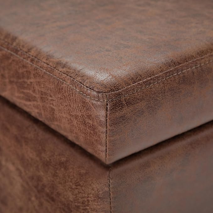 SIMPLIHOME Avalon Storage Ottoman Bench - 48" Wide x 16" High Upholstered Vegan Leather Rectangular Lift-Top Ottoman in Distressed Umber Brown, Contemporary Storage Bench with High-Density Foam
