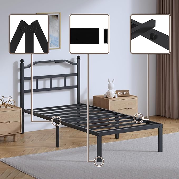 SHOANED Twin Size Bed Frame - 14 Inch Metal Heavy Duty Bedframe with Charging Station Black Basic Steel Slats Platform with Headboard No Box Spring Needed/Easy Assembly