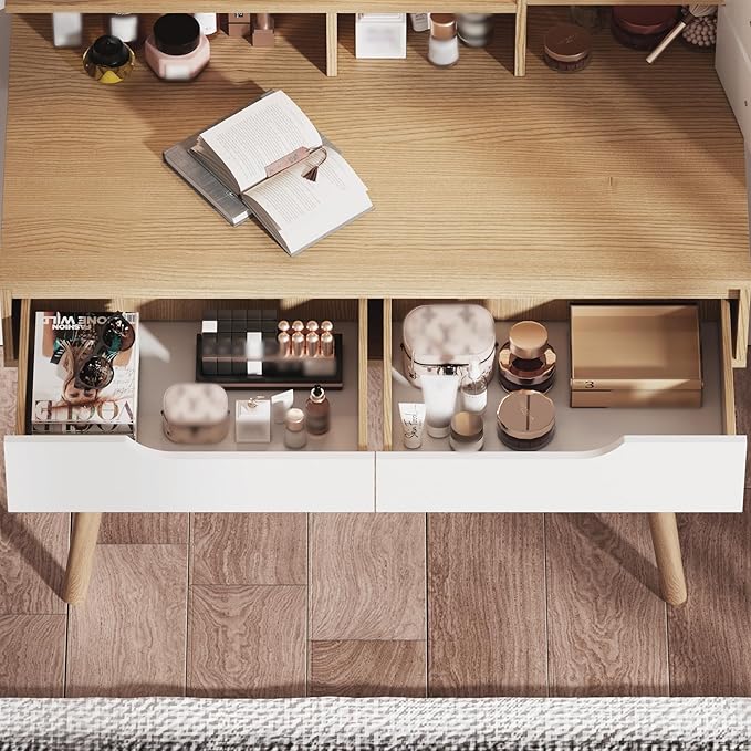 Casaphoria Makeup Vanity Desk with LED Mirror & Storage, 31.5 Inch Dressing Table with 4 Drawers, 3 Open Shelves, Solid Wood Legs for Bedroom, Small Space Vanity Table