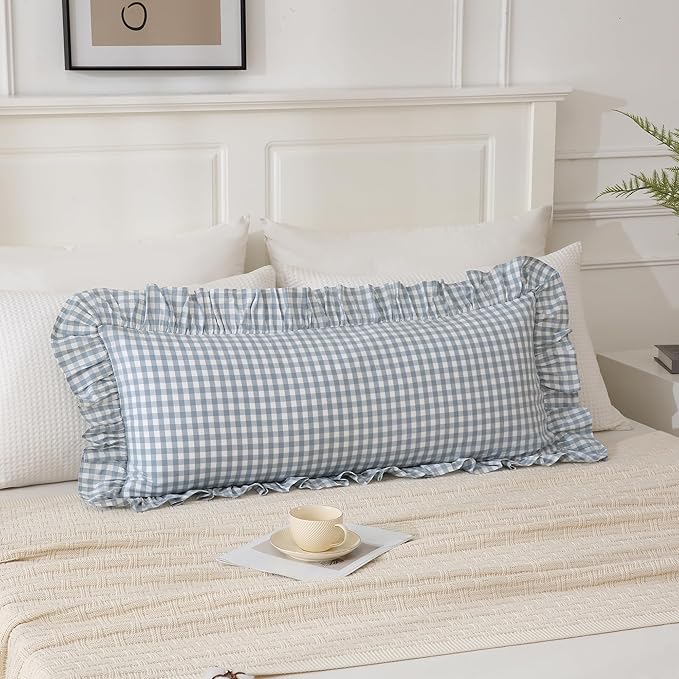 Light Blue/White Ruffled Long Lumbar Gingham Pillow Sham 14x36 inches 1 Piece, Pure Cotton Decor Pillowcase Farmhouse Vintage Cushion Cover for Bed Livingroom