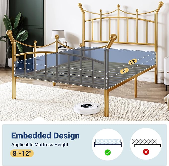 Allewie 14 Inches Twin Size Metal Platform Bed Frame with Elegant Crown Iron-Art Headboard & Footboard, Sturdy Mattress Foundation with Under-Bed Storage, Easy Assembly, No Box Spring Needed, Gold