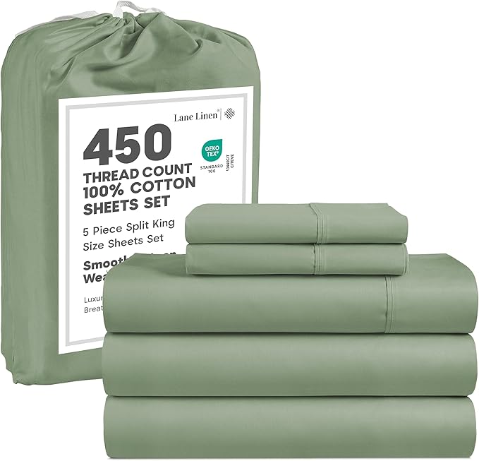 LANE LINEN Split King Sheet Sets for Adjustable Beds - 5 PCs, 450 Thread Count Split King Sheets Set - Sateen Weave King Split Sheets - Split Top King Sheets Set for Adjustable Bed - Iceberg Green