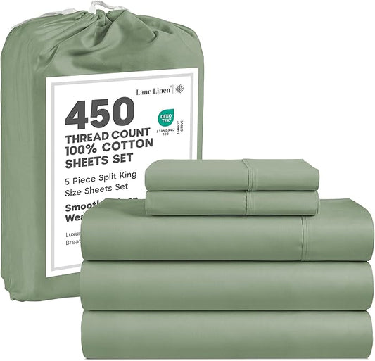 LANE LINEN Split King Sheet Sets for Adjustable Beds - 5 PCs, 450 Thread Count Split King Sheets Set - Sateen Weave King Split Sheets - Split Top King Sheets Set for Adjustable Bed - Iceberg Green