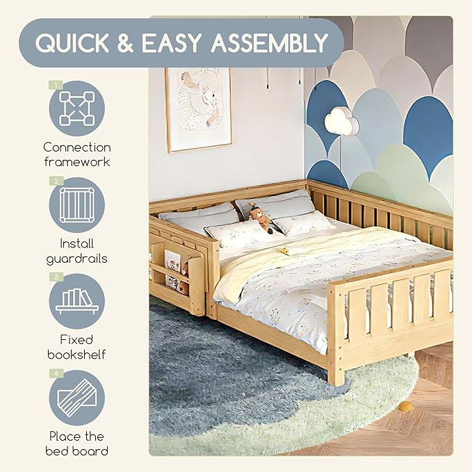 Bellemave Queen Floor Bed Frame with Fence & Bookshelf, Solid Wood Montessori Floor Bed Frame Queen with Slats Load 550LBS, Low Floor Bed for Kids, Bedroom, Nursery, Easy Assembly, Natural
