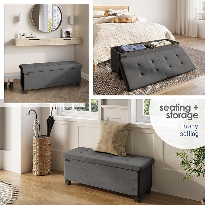 Storage Ottoman Bench with Bins, 43-in Storage Bench for Bedroom End of Bed, Folding Foot Rest Ottoman for Living Room Max 660lbs, Velvet Ottomans, Grey