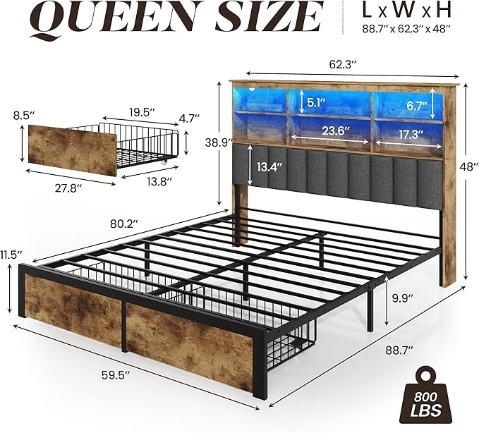Lifezone Queen Bed Frame with Headboard, Queen Bed Frame with High Storage Bookcase Headboard, 2 Storage Drawers & Charging Station, No Box Spring Needed/Noise Free/All-Metal Support, Rustic Brown