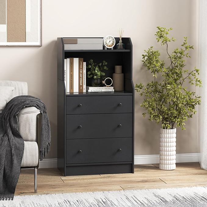 Tall 3 Drawers Dresser, Wood Chest of Drawers with 2 Open Shelves, Modern Nightstand with Anti-Toppling Device, Home Storage Cabinet Dresser Closet for Bedroom, Living Room, Entryway (Black)