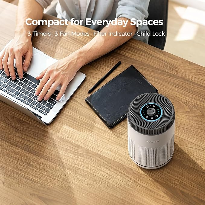 Purivortex Air Purifier for Bedroom, HEPA Air Purifier for Smoke, Dust, Pollen, Pet Dander, Odor & Hair, Quiet Portable Air Cleaner with Sleep Mode, Covers Up to 540 Sq Ft, AC300 Pro White