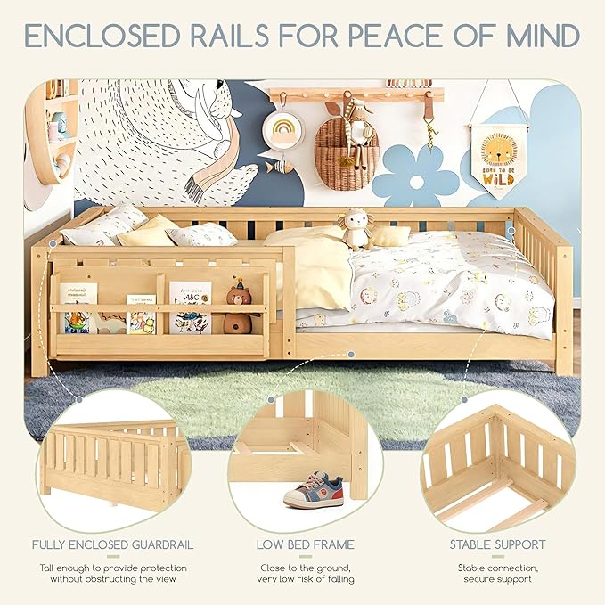 Bellemave Queen Floor Bed Frame with Fence & Bookshelf, Solid Wood Montessori Floor Bed Frame Queen with Slats Load 550LBS, Low Floor Bed for Kids, Bedroom, Nursery, Easy Assembly, Natural