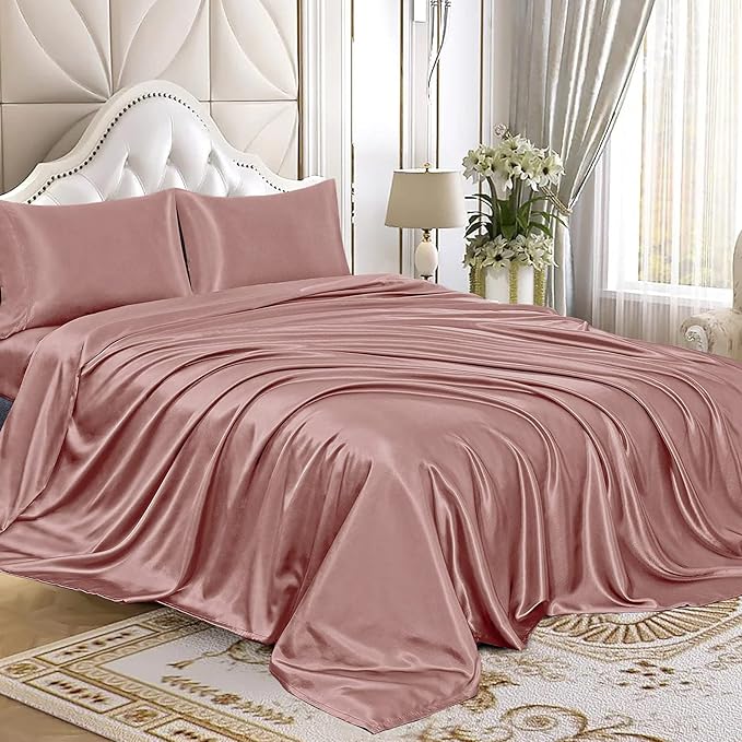Homiest 4pcs Satin Sheets Set Luxury Silky Satin Bedding Set with Deep Pocket, 1 Fitted Sheet + 1 Flat Sheet + 2 Pillowcases (King Size, Rich Pink)