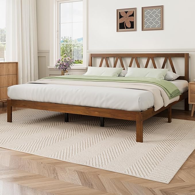 Novilla 12 Inch Solid Wooden King Size Bed Frame King Bed Frames with Headboard BedFrame Foundation No Box Spring Needed, Easy Assembly, Walnut