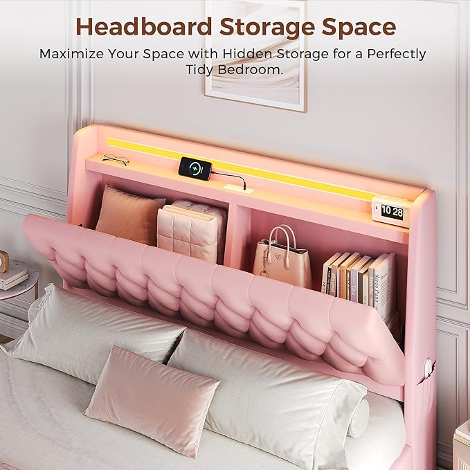 Queen LED Velvet Bed Frame with 2 Storage Drawers&Hidden Headboard, Upholstered Platform Bed with Charging Station&Button Tufted Design, Wooden Slats Support, Box Spring Optional, Easy Assembly, Pink